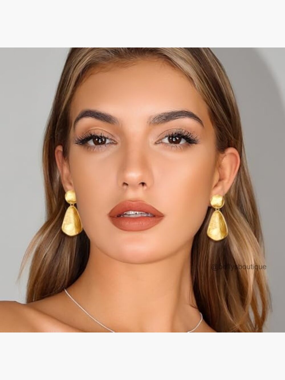 Clip On Hammered Geometric Dangle Earrings Gold Plated Brass - Picture 2 of 7